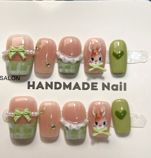 3D Bow Spring Sweetheart (Handmade press on nails）/10Pcs Square Nails