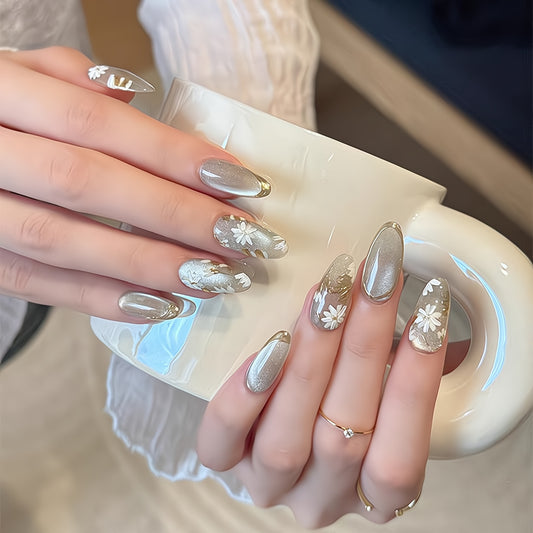 Gentle Gilded French Glazed Cat Eye (Handmade press on nails）/10Pcs Almond Nails