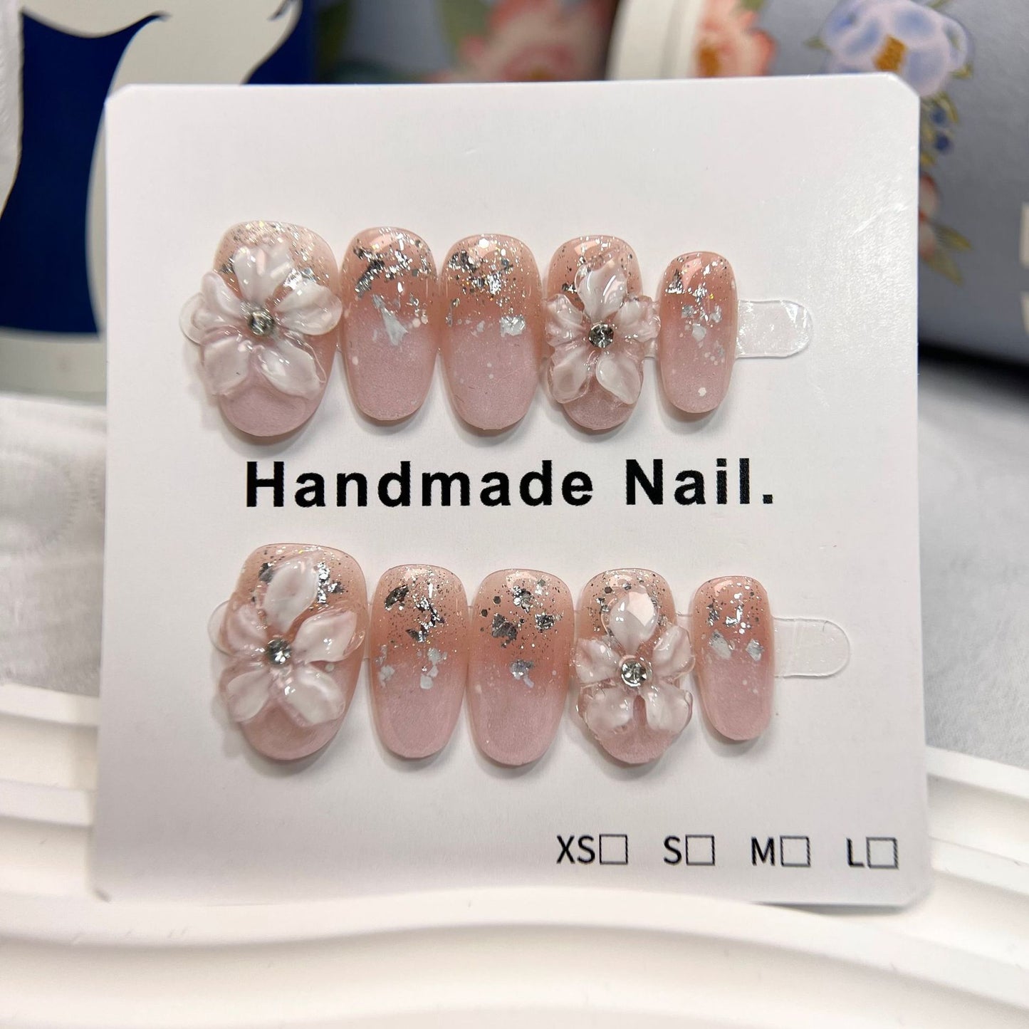 Artisanal Carving Flowers Pink (Handmade press on nails）/10Pcs Oval Nails