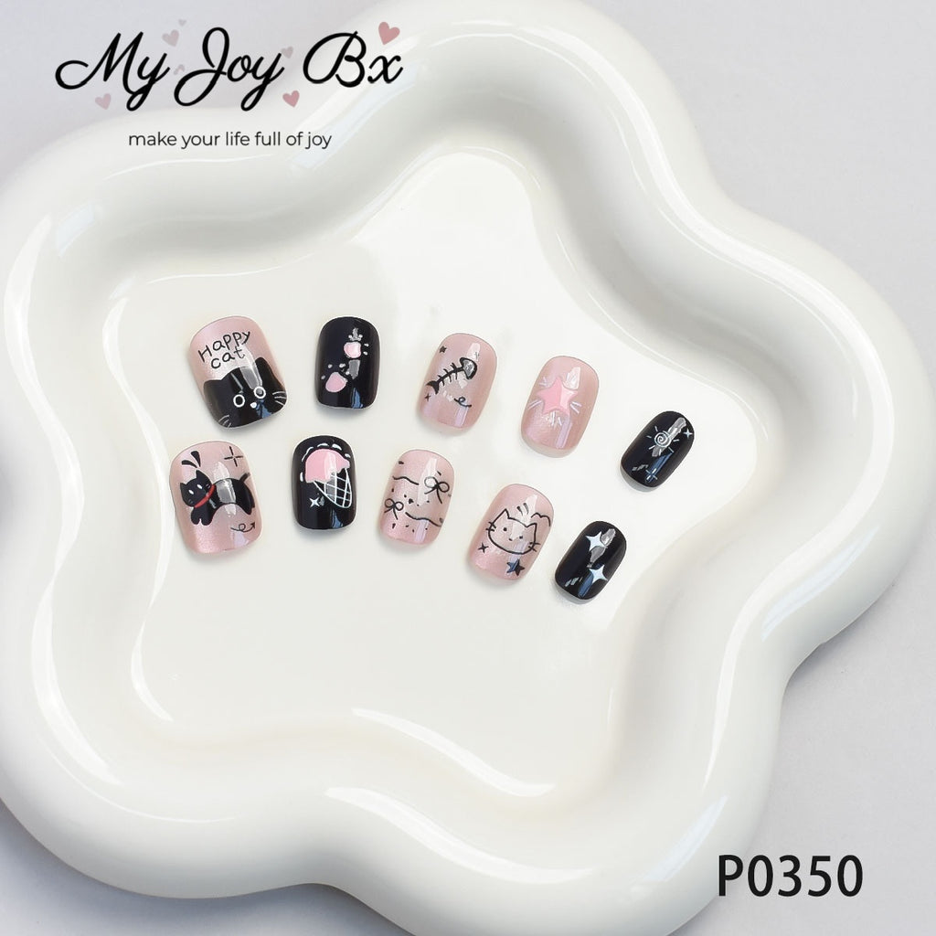 [Cute Black Kitten]   Short/Squoval  press on nails   10pcs/set