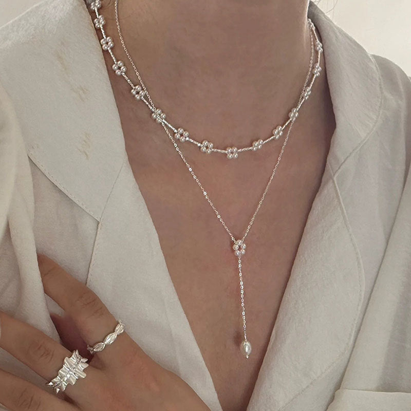 Pearl Woven Flower Necklace Unique Stylish Trendy Versatile Choke Stackable Necklace Fashion Jewelry