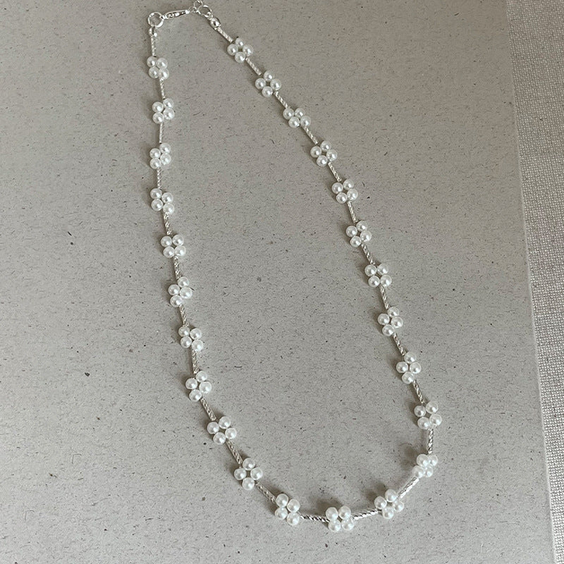 Pearl Woven Flower Necklace Unique Stylish Trendy Versatile Choke Stackable Necklace Fashion Jewelry