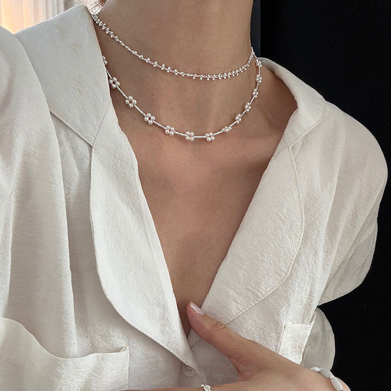Pearl Woven Flower Necklace Unique Stylish Trendy Versatile Choke Stackable Necklace Fashion Jewelry