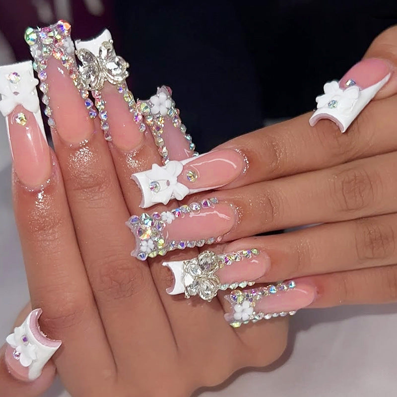 [White Bling Bowknot]  Long/Coffin Nails   press on nails   24pcs/set
