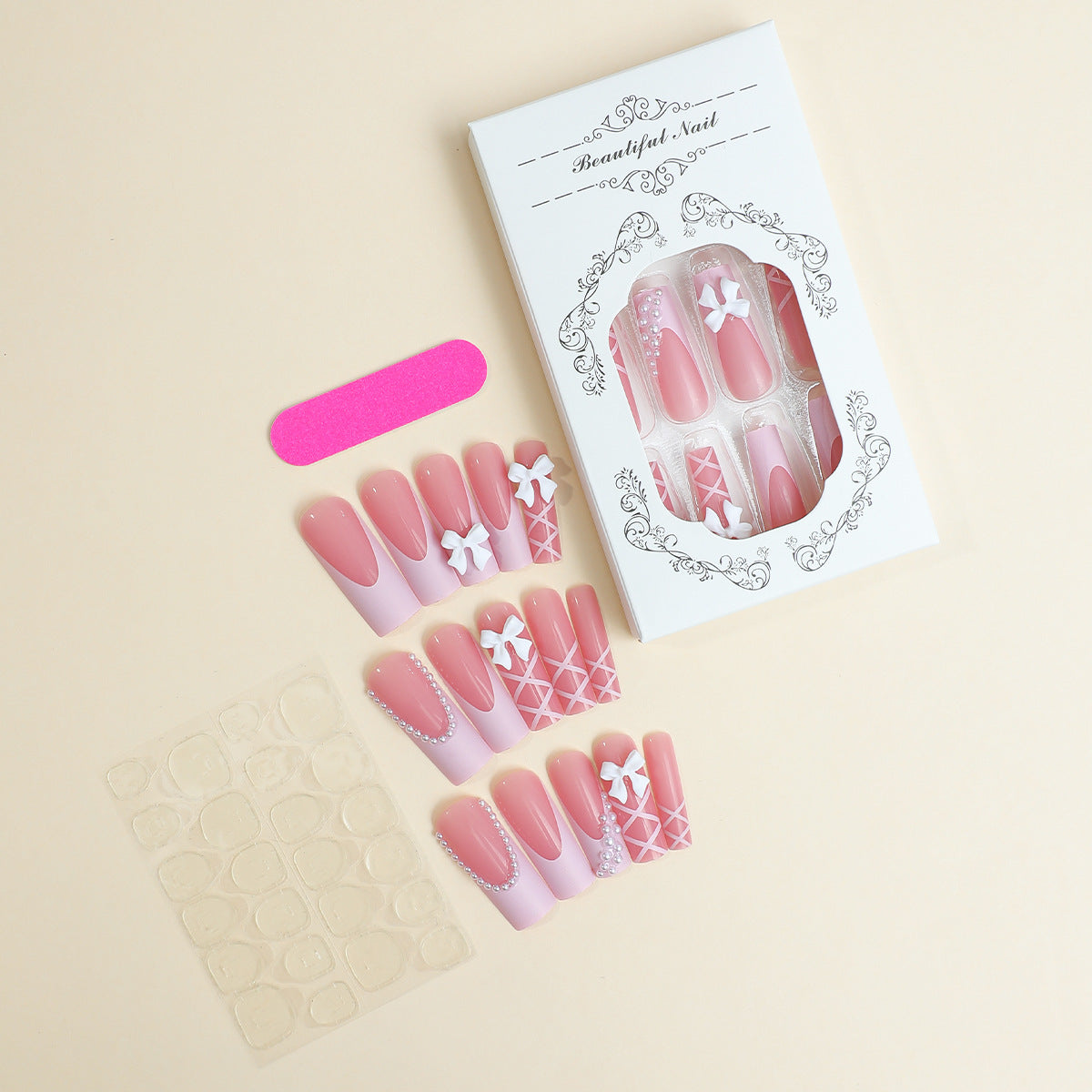 [Pink Bowknot]   Long/Coffin Nails    press on nails   24pcs/set