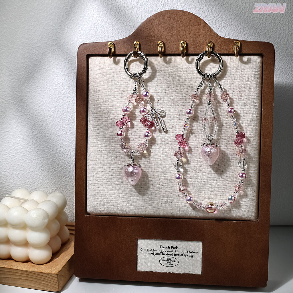 [Sweet Pink Strawberry]Beads Phone Charms Shining Crystal Key Chain Bag Charm