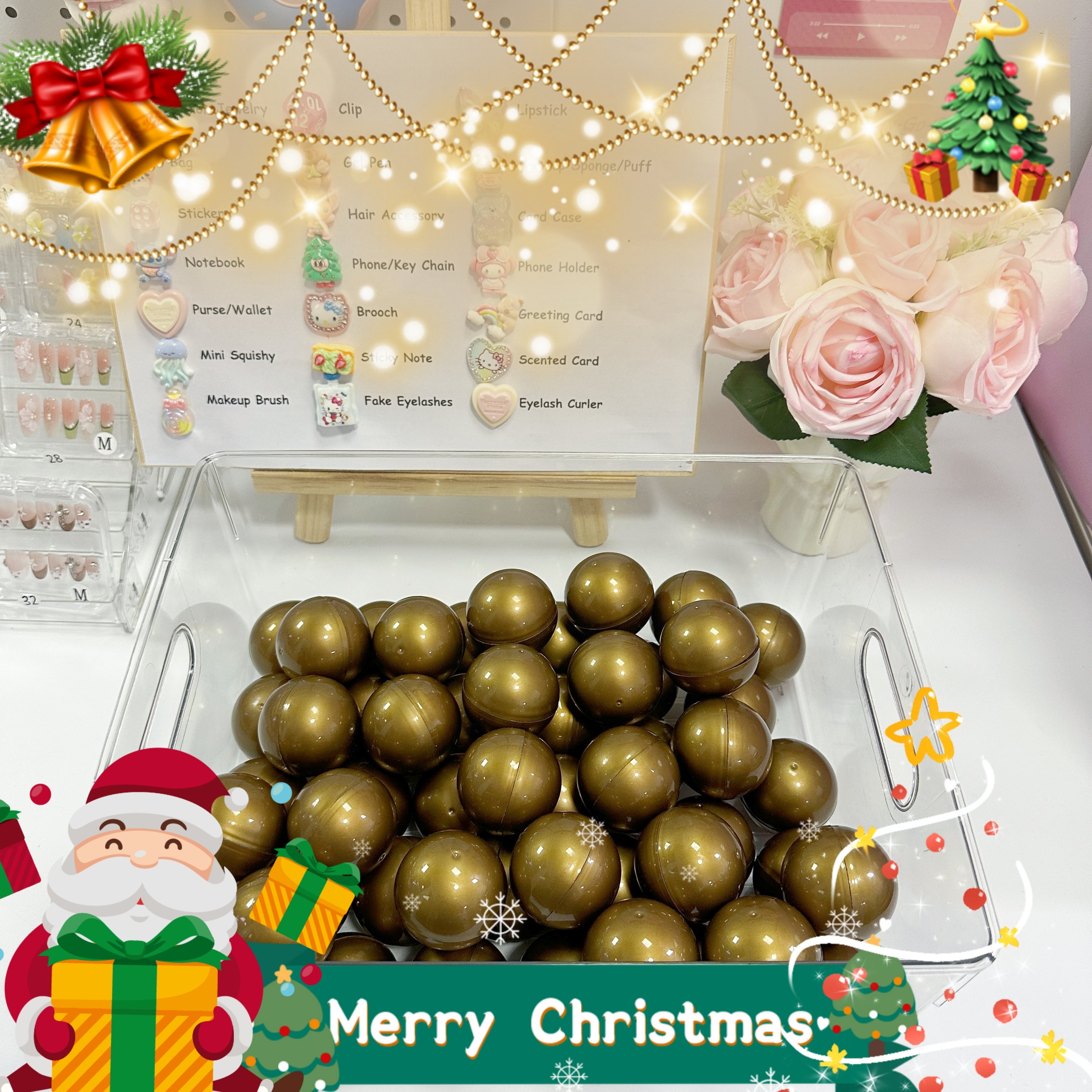 Christmas【GOLD LUCKY BALL】Luxury Handmade Press On Nails 10pcs/set + Mystery Accessories